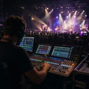 Técnico de sonido manejando una meza de mezclas